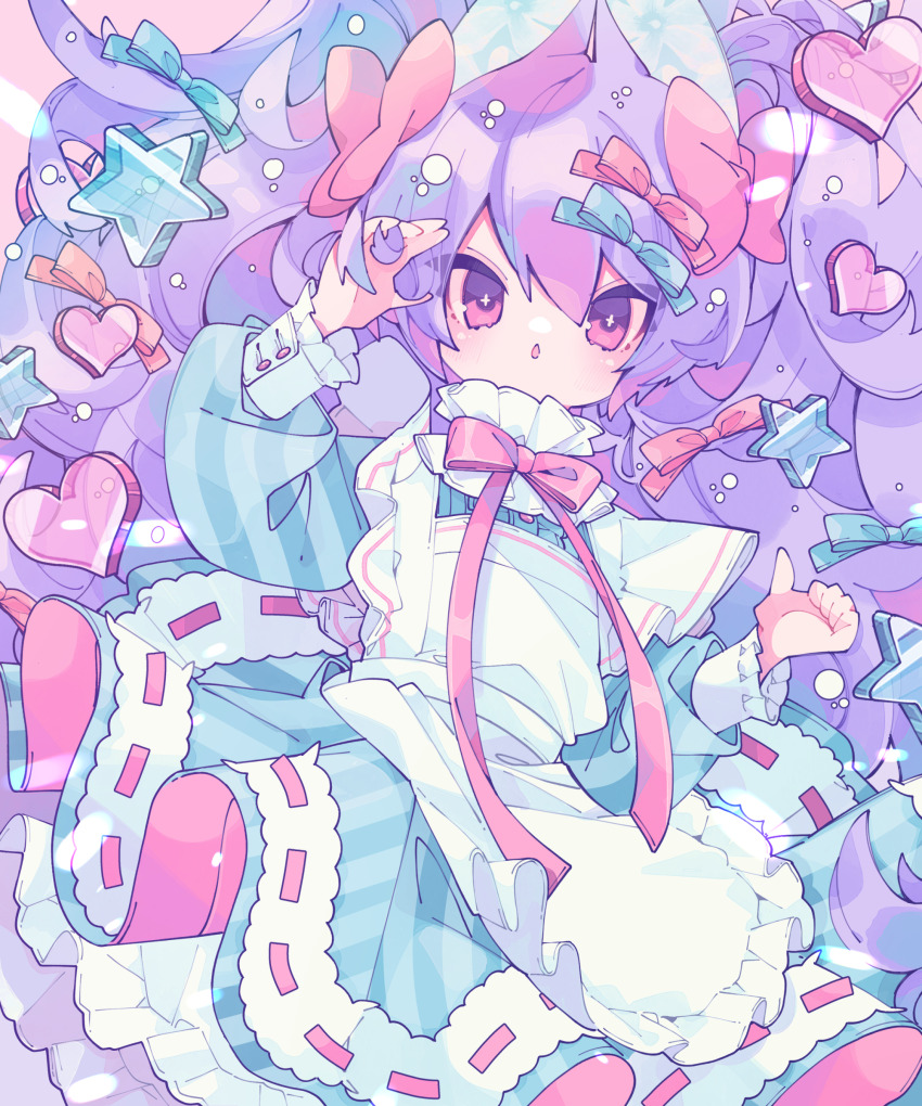 1girl absurdres animal_ears apron blue_bow blue_dress blush bow bright_pupils center_frills commentary cross-shaped_pupils dated_commentary dress eyes_visible_through_hair frilled_sleeves frills hair_between_eyes hair_bow hair_ornament heart heart_hair_ornament highres long_hair long_sleeves looking_at_viewer maid_apron neck_ribbon open_mouth original ozureiji petticoat pink_bow pink_ribbon puffy_long_sleeves puffy_sleeves purple_hair rabbit_ears ribbon ribbon-trimmed_dress ribbon_trim sleeve_cuffs solo star_(symbol) star_hair_ornament striped_clothes striped_dress symbol-only_commentary symbol-shaped_pupils tsurime two-sided_dress two-sided_fabric very_long_hair white_apron white_pupils yume_kawaii