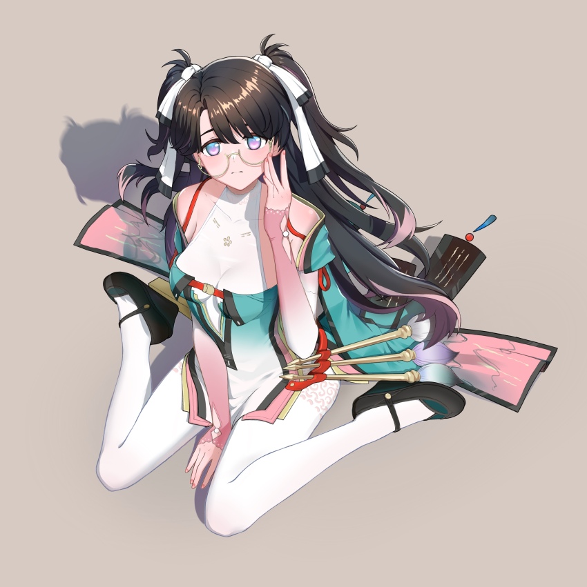1girl absurdres adjusting_eyewear aqua_dress bare_shoulders blue_eyes blush bodystocking bow breasts brown_hair chinese_commentary closed_mouth collarbone commentary_request detached_sleeves dress drop_shadow from_above glasses hair_bow high_heels highres long_hair looking_at_viewer mary_janes medium_breasts multicolored_eyes multiple_hair_bows paintbrush partial_commentary pink_eyes round_eyewear semi-rimless_eyewear shoes sitting solo twintails two-tone_eyes very_long_hair wariza wedge_heels white_bow wuthering_waves xiaoyu_yao_(htx1993601) yellow-framed_eyewear zhezhi_(wuthering_waves)