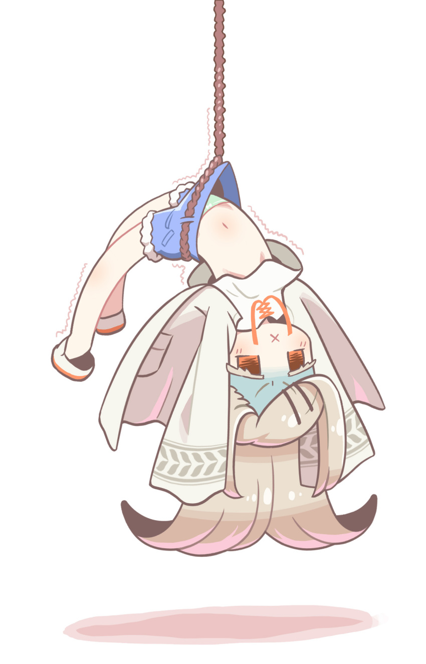 1girl x_mouth camisole chaki_(teasets) commentary_request denim denim_shorts full_body gakuen_idolmaster green_panties grey_hair highres idolmaster jacket long_hair nausea navel orange_eyes panties rope_belt shinosawa_hiro shorts solo suspension underwear upside-down white_camisole