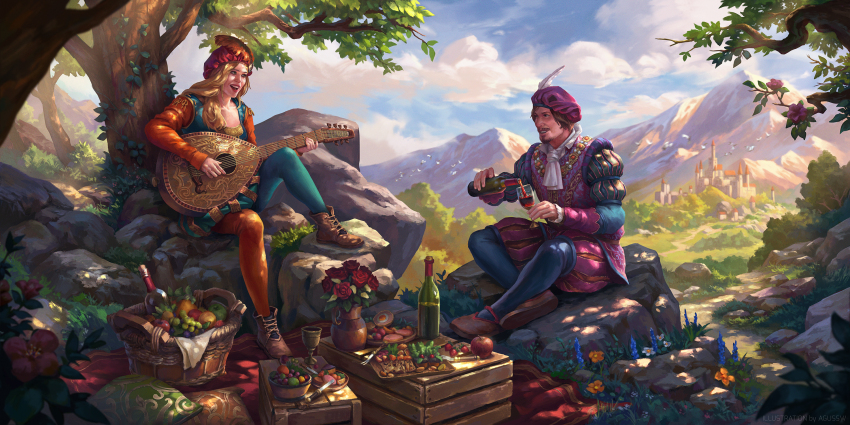 1boy 1girl agus_sw aristocratic_clothes ascot bard blonde_hair boots bottle brown_boots brown_hair cup day drinking_glass hat highres holding holding_bottle holding_cup holding_instrument holding_lyre instrument julian_alfred_pankratz long_hair lyre mountainous_horizon outdoors picnic picnic_basket pillow pouring priscilla_(the_witcher) purple_hat red_hat short_hair sitting the_witcher_(series) the_witcher_3 tree white_ascot wine_bottle wine_glass