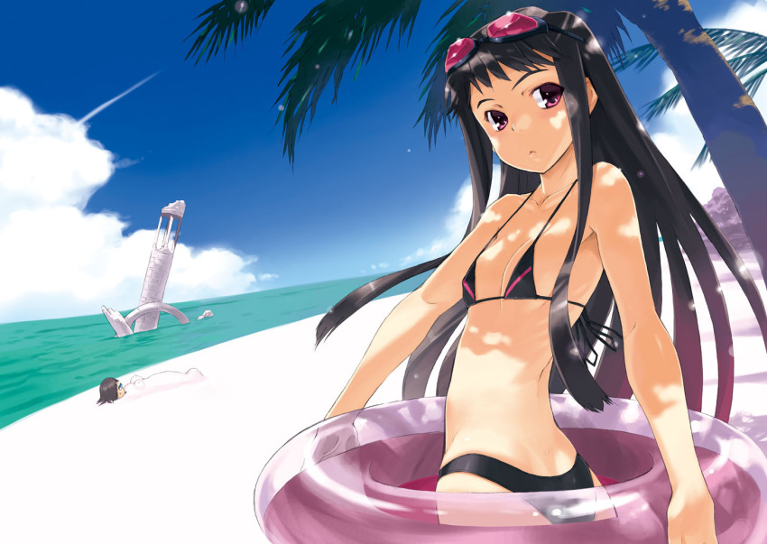 1boy 1girl :&lt; ar_tonelico ar_tonelico_ii bad_anatomy beach bikini black_bikini black_hair breasts chroah_vatel cloud dappled_sunlight day eyewear_on_head innertube inu777 jakuri_(ar_tonelico) long_hair ocean palm_tree pink_eyes sand_sculpture shade sky small_breasts solo_focus sunglasses sunlight swim_ring swimsuit tree