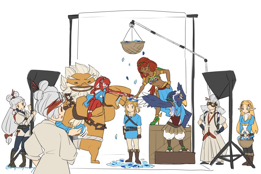 4boys 5girls basket bird_boy blonde_hair blue_petals blue_skirt blue_tunic boots braid brown_boots chain champion&#039;s_tunic_(zelda) commentary_request crate crown_braid dark-skinned_female dark_skin daruk falling_petals fish_girl flower_wreath fold-over_boots gerudo goron grin hair_ornament hair_ribbon hair_stick hands_on_own_hips head_wreath highres holding holding_basket hyrule_warriors:_age_of_calamity impa layered_sleeves link long_hair long_sleeves low-tied_long_hair maya_(mayamayammy) mipha multicolored_hair multiple_boys multiple_girls nintendo open_mouth petals pointy_ears princess_zelda purah red_hair red_ribbon revali ribbon rito robbie_(zelda) sheikah short_hair short_over_long_sleeves short_sleeves siblings sidelocks simple_background sisters sitting_on_shoulder skirt smile streaked_hair the_legend_of_zelda the_legend_of_zelda:_breath_of_the_wild tunic urbosa white_background white_hair zora