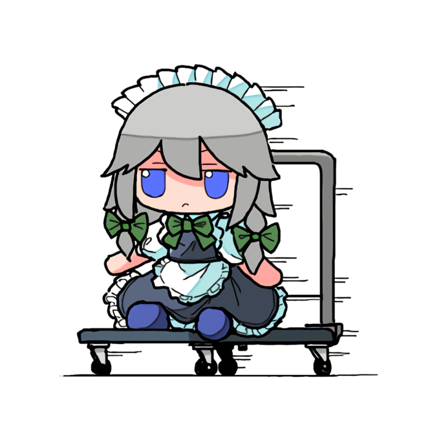 apron blue_dress blue_eyes bow character_doll closed_mouth commentary doll dress fumo_(doll) green_bow grey_hair hair_bow izayoi_sakuya jitome kasuya_baian maid_apron maid_headdress motion_lines no_humans platform_truck simple_background sitting touhou waist_apron white_apron white_background