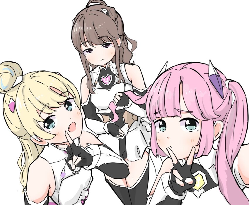 3girls 3rd_live_tour_try_tri_unity!!! :d anyoji_hime bare_shoulders black_gloves blonde_hair blue_eyes blue_hair blunt_bangs blush braid breasts brown_hair closed_mouth commentary elbow_gloves fanfare!!!_(love_live!) fingerless_gloves fujishima_megumi gloves hair_bun half_up_braid hashtag-only_commentary headpiece holding_another&#039;s_hair kan_kanna kurusu_rin link!_like!_love_live! long_hair looking_at_viewer love_live! medium_breasts mira-cra_park! multicolored_hair multiple_girls official_alternate_costume official_alternate_hairstyle open_mouth osawa_rurino photo-referenced pink_hair ponytail purple_eyes sidelocks simple_background single_hair_bun sleeveless smile standing streaked_hair swept_bangs tazaki_masanobu tsukine_kona twintails v v_over_mouth virtual_youtuber voice_actor_connection white_background