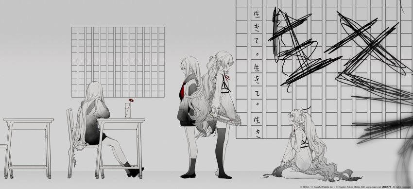 25-ji_miku 2girls black_footwear black_hoodie chair chest_harness commentary_request copyright_notice desk dress flats flower greyscale harness hatsune_miku highres hood hoodie inochi_ni_kirawarete_iru_(vocaloid) long_hair long_sleeves monochrome multiple_girls multiple_views neck_ribbon neckerchief official_art project_sekai red_neckerchief red_ribbon ribbon scribble single_bare_leg single_thighhigh sitting socks spot_color thighhighs twintails very_long_hair vocaloid white_dress white_hair yoisaki_kanade yyb