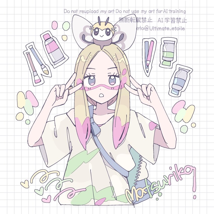 1girl backpack bag blonde_hair collarbone colored_pencil double_v facing_viewer game_freak gen_7_pokemon grid_background highres long_hair mina_(pokemon) nintendo notebook open_mouth paint_in_hair paint_splatter paint_splatter_on_face paint_tube paintbrush pencil pokemon pokemon_(creature) pokemon_sm purple_eyes remoooon ribombee shirt solo t-shirt upper_body v