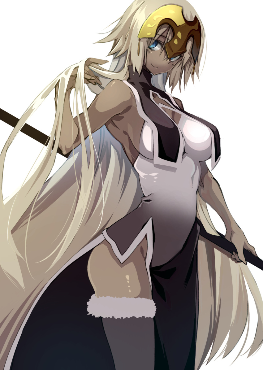 10mo 1girl alternate_skin_color armor armpits bare_shoulders blue_eyes breasts closed_mouth dark-skinned_female dark_skin elbow_gloves fate/grand_order fate_(series) flag from_side fur_trim gloves headpiece highres holding holding_flag jeanne_d&#039;arc_(fate) jeanne_d&#039;arc_(ruler)_(fate) large_breasts long_hair looking_at_viewer short_hair side_slit simple_background smile solo standing tan thighhighs white_background white_hair
