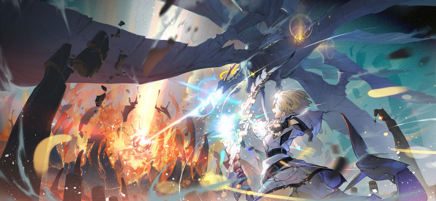 1girl alchemy_stars blonde_hair bow_(weapon) debris destruction dragon dragon_tail explosion fingerless_gloves gloves highres official_art ryota-h short_hair soroz_(alchemy_stars) tail vice_(alchemy_stars) weapon