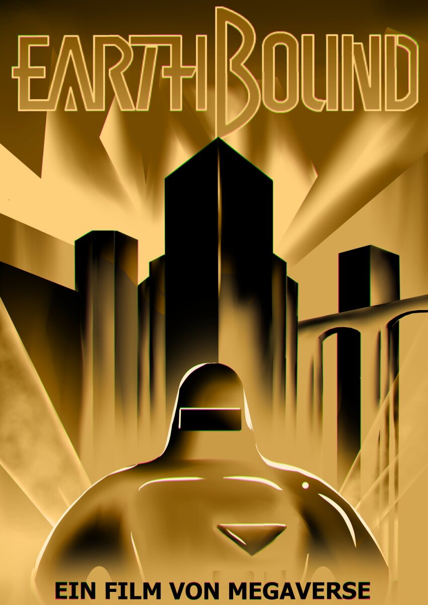 1other absurdres alien building city english_text facing_viewer german_text highres i_so_onett monochrome mother_(series) mother_2 nintendo parody poster_(object) poster_parody sepia sky solo starman_(mother) yellow_theme
