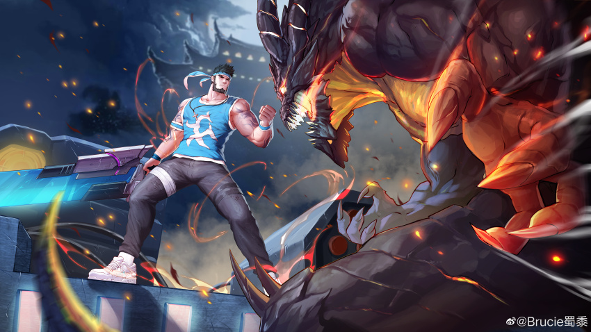 1boy absurdres arm_tattoo artist_request aura baimeme bandaged_leg bandages bara bare_arms beard black_hair black_skin blue_headband blue_shirt brucie_(infighter821) building bulge check_artist clenched_hand colored_skin commission cross cross_necklace demon_boy duel dungeon_and_fighter eye_trail facial_hair fantasy fiery_aura fingernails foreshortening full_body glowing glowing_eyes glowing_sword glowing_weapon gradient_skin headband highres holding holding_sword holding_weapon horns jewelry large_pectorals leg_belt light_trail male_focus male_priest_(dungeon_and_fighter) mature_male mechanical_sword monster multiple_horns muscular muscular_male necklace no_tail original pectorals second-party_source serious sharp_fingernails sharp_teeth shirt shoes short_hair sleeveless sleeveless_shirt sneakers standing sword tattoo teeth weapon