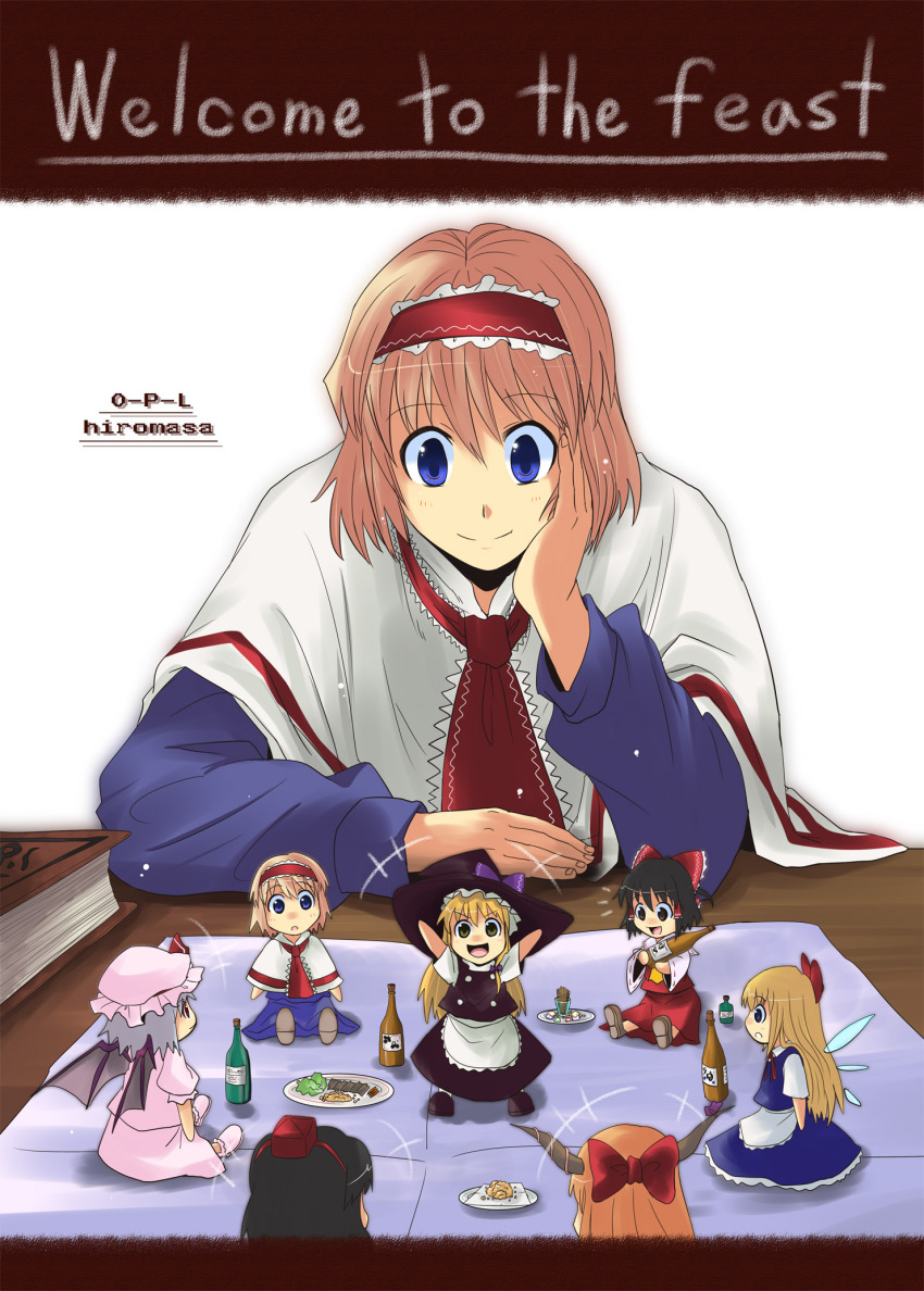 1girl :d :o alcohol alice_margatroid artist_name bad_id bad_pixiv_id bat_wings blonde_hair blue_eyes blush book bottle bow buttons capelet character_doll chibi doll dress english_text female_focus food frilled_bow frilled_hairband frills hair_bow hairband hakurei_reimu hat head_rest highres hiromasa_(1365) hiromasa_(pixiv265599) holding horns ibuki_suika kirisame_marisa lolita_hairband lonely looking_down open_mouth red_bow remilia_scarlet shameimaru_aya shanghai_doll shoes smile solo tokin_hat touhou wine wine_bottle wings witch witch_hat