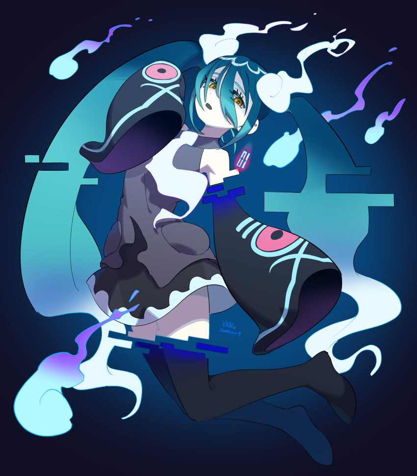 1girl absurdres bare_shoulders black_skirt black_sleeves black_thighhighs blue_hair collared_shirt detached_arm detached_legs detached_sleeves ghost_miku_(project_voltage) glitch gradient_hair grey_shirt hair_between_eyes hatsune_miku highres long_hair long_sleeves looking_at_viewer multicolored_hair necktie nintendo open_mouth pale_skin pokemon print_sleeves project_voltage shirt skirt sleeveless sleeveless_shirt sleeves_past_fingers sleeves_past_wrists solo thighhighs toyogaippai twintails very_long_hair vocaloid white_hair white_necktie wide_sleeves yellow_eyes