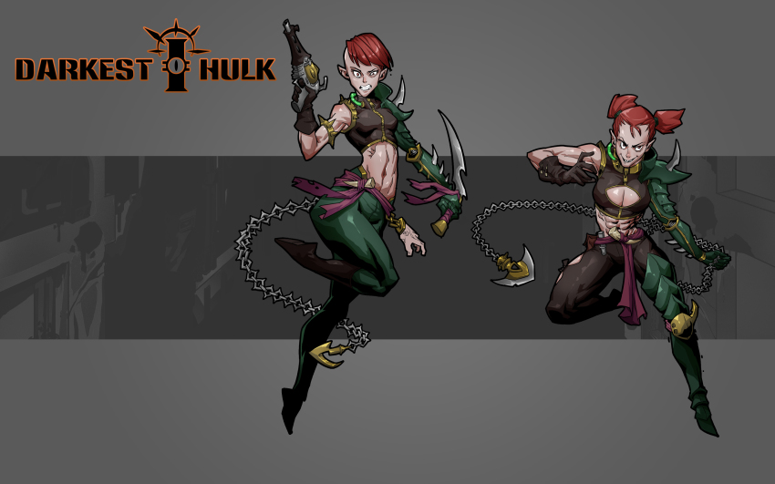 2girls abs breasts chain cleavage dark_eldar elf english_text gloves highres knife large_breasts medium_breasts multiple_girls muscular muscular_female pointy_ears red_hair rmulderz sharp_teeth shaved_head short_twintails shoulder_spikes spikes teeth toned twintails warhammer_40k whip