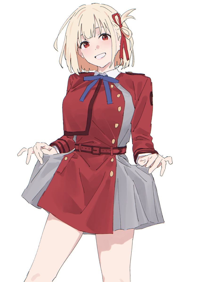 1girl belt blonde_hair blue_ribbon blush grin hair_ribbon highres lycoris_recoil lycoris_uniform mikazuchi_zeus neck_ribbon nishikigi_chisato red_eyes red_ribbon ribbon short_hair simple_background skirt_hold smile solo white_background