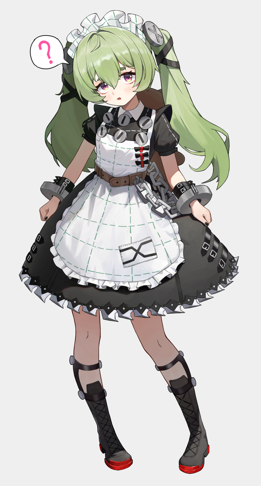 1girl ? absurdres animal_bag apron arms_at_sides bear_bag belt black_boots black_dress black_nails boots brown_belt chain chinese_commentary commentary_request corin_wickes cuffs dress full_body full_moon green_hair grey_background hair_between_eyes highres knee_boots long_hair looking_at_viewer maid maid_apron maid_headdress moon open_mouth puffy_short_sleeves puffy_sleeves purple_eyes screw_hair_ornament short_sleeves simple_background solo spoken_question_mark standing twintails white_apron xihongshichaojidan zenless_zone_zero
