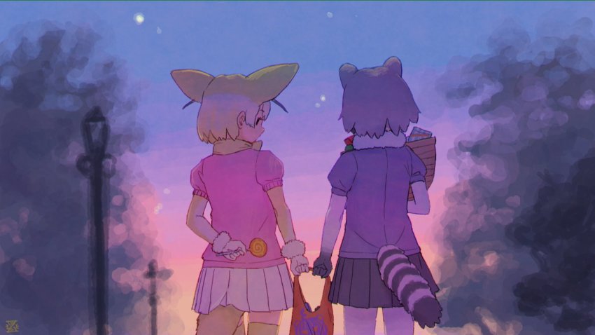 2girls animal_ears black_skirt blonde_hair blue_sweater bow bowtie candy commentary_request common_raccoon_(kemono_friends) cowboy_shot elbow_gloves evening extra_ears fennec_(kemono_friends) food fox_ears fox_girl fox_tail from_behind fur_collar fur_trim gloves grey_gloves grey_hair grey_legwear imnim_leef kemono_friends multicolored_hair multiple_girls pantyhose pink_sweater pleated_skirt puffy_short_sleeves puffy_sleeves raccoon_ears raccoon_girl raccoon_tail short_hair short_sleeves skirt sweater tail thighhighs two-tone_hair white_fur white_hair white_skirt yellow_gloves yellow_legwear yellow_neckwear zettai_ryouiki