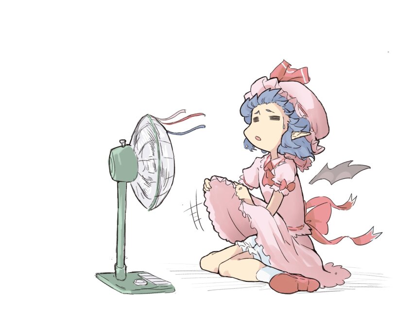 1girl =_= ascot bat_wings bifidus_(exkagerou8665) blue_hair bow closed_eyes clothes_lift dress electric_fan full_body hat hat_ribbon highres mob_cap on_floor open_mouth pink_dress pink_hat red_ascot red_ribbon red_shoes remilia_scarlet ribbon shoes short_hair sitting skirt skirt_lift socks solo touhou wariza white_background white_socks wings
