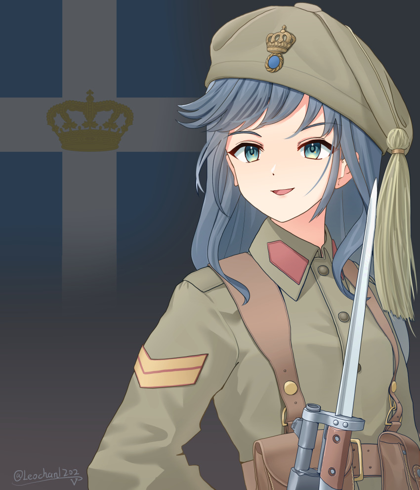 1girl absurdres ammunition_pouch aqua_eyes artist_name bayonet belt beret blue_hair brown_belt commentary flag_background greece greek_flag green_hat green_jacket gun hat highres jacket leochan1202 long_hair military military_rank_insignia military_uniform open_mouth original pouch rifle smile soldier solo upper_body weapon world_war_ii