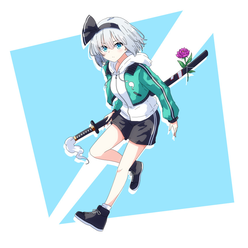 1girl absurdres alternate_costume black_hairband black_shoes black_shorts closed_mouth commentary contemporary flower full_body green_jacket grey_hair hairband highres hitodama_print holding holding_sword holding_weapon hood hoodie jacket katana konpaku_youmu long_sleeves looking_at_viewer medium_hair open_clothes open_jacket pioartstuff purple_flower sheath sheathed shoes shorts socks solo sword touhou weapon white_hoodie white_socks