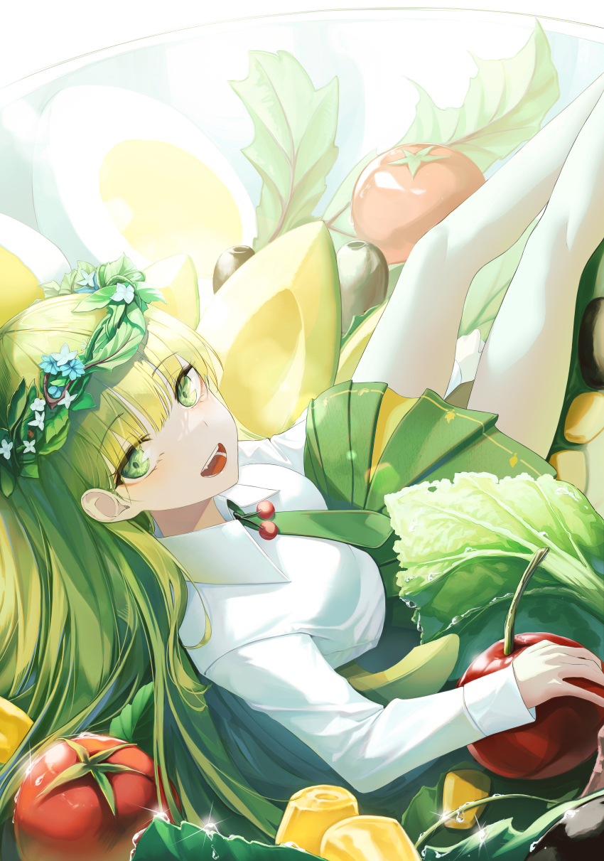 1girl absurdres blue_flower breasts collared_shirt commentary feet_out_of_frame flower flower_wreath food_request from_above from_behind green_eyes green_hair green_necktie green_skirt h2o_(dfo) head_wreath highres long_hair looking_at_viewer looking_back looking_up necktie original pantyhose pleated_skirt salad school_uniform shirt sitting skirt small_breasts solo symbol-only_commentary tomato very_long_hair white_flower white_pantyhose white_shirt