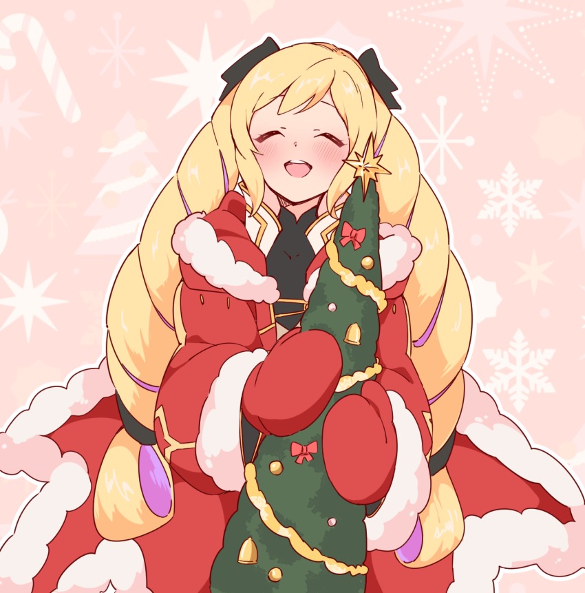 1girl black_bow blonde_hair blush bow christmas_tree closed_eyes cosplay elise_(fire_emblem) female_focus fire_emblem fire_emblem_awakening fire_emblem_fates fire_emblem_heroes fur_trim hair_bow highres hood hood_down konagona long_hair long_sleeves male_robin_(fire_emblem) male_robin_(fire_emblem)_(cosplay) mittens multicolored_hair nintendo open_mouth purple_hair red_mittens male_robin_(festive_tactician)_(fire_emblem) santa_costume solo twintails