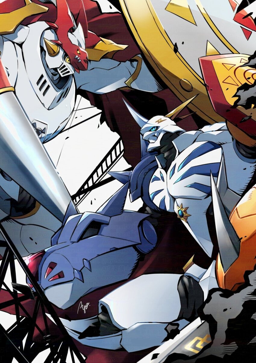 arm_blade armor ayo_(ayosanri009) blue_eyes cape digimoji digimon digimon_(creature) dukemon highres holding holding_polearm holding_shield holding_weapon horns lance looking_at_viewer mecha omegamon polearm red_cape robot shield sword weapon white_armor white_background yellow_eyes