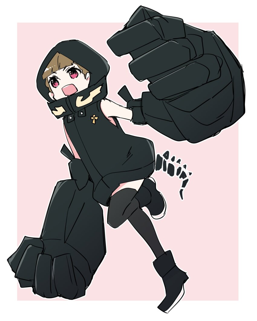 1girl black_boots black_hoodie black_rock_shooter black_thighhighs blunt_bangs bone_tail boots border brown_hair commentary_request cosplay full_body highres hood hood_up hoodie kachimachi_kosuzu kanduki_kamibukuro leg_up link!_like!_love_live! love_live! mechanical_arms open_mouth outside_border pink_background pink_eyes sleeveless sleeveless_hoodie solo strength_(black_rock_shooter) strength_(black_rock_shooter)_(cosplay) tail thighhighs v-shaped_eyebrows virtual_youtuber white_border