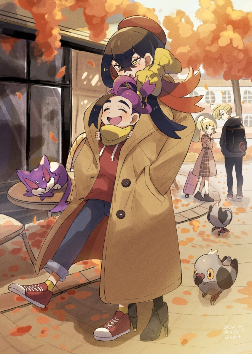 2boys 2girls backpack bag beret black_hair black_hoodie black_pants blonde_hair brother_and_sister brown_coat building carmine_(pokemon) chair closed_eyes coat day gen_5_pokemon gladion_(pokemon) hands_in_pockets hat high_heels highres hood hoodie kieran_(pokemon) leaf lillie_(pokemon) long_hair long_sleeves matsuda_(0yx38755230263c) mole mole_under_eye multiple_boys multiple_girls nintendo open_mouth outdoors pants pidove pokemon pokemon_(creature) pokemon_sm pokemon_sv ponytail purple_hair purrloin red_hair red_hat red_hoodie scarf shared_clothes shared_coat shoes siblings sneakers suitcase table tree yellow_eyes yellow_scarf