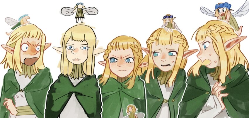 5girls angry blonde_hair blue_eyes braid cheburchela cloak closed_mouth dungeon_meshi elf fairy fairy_(dungeon_meshi) frown gorget green_cloak half_up_braid head_wreath highres hood hooded_cloak looking_at_another medium_hair multiple_girls open_mouth pattadol pointy_ears shapeshifter_(dungeon_meshi) simple_background sweatdrop upper_body white_background