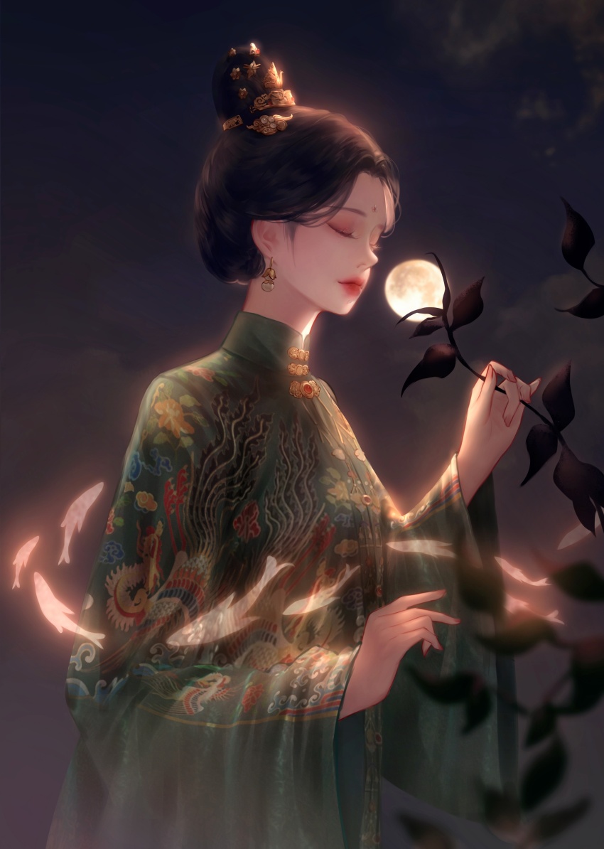 1girl absurdres animal_print black_hair character_request chinese_clothes chinese_commentary closed_eyes closed_mouth commentary_request cowboy_shot earrings expressionless eyelashes eyeshadow facial_mark fish fish_print flying_fish forehead_mark full_moon gold_earrings green_hanfu hair_ornament hanfu highres holding holding_plant jewelry jiaopiupiu lipstick makeup moon nail_polish night night_sky nikki_(series) nostrils outdoors pink_eyeshadow plant pointy_nose red_lips shining_nikki short_hair sky solo topknot updo vines