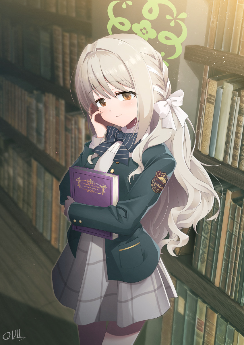 1girl absurdres black_bow blue_archive book bookshelf bow braid closed_mouth collared_shirt commission diagonal-striped_bow dress_shirt green_jacket grey_hair grey_skirt hair_between_eyes hair_bow hair_intakes halo highres hugging_object indoors jacket long_hair long_sleeves miyo_(blue_archive) okiru open_clothes open_jacket pixiv_commission school_uniform shirt signature skirt sleeves_past_wrists smile solo striped_bow very_long_hair white_bow white_shirt yellow_eyes