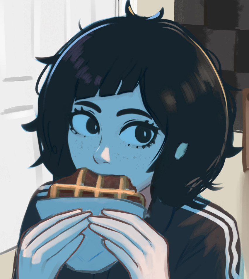 1girl adidas biting black_eyes black_hair blue_light cut_bangs door eating food freckles highres holding holding_food indoors jerma985 jerma985_eating_a_whopper_(meme) looking_to_the_side meme messy_hair original polo_shirt screen_light solo veyonis waffle wide-eyed yuna_(veyonis)