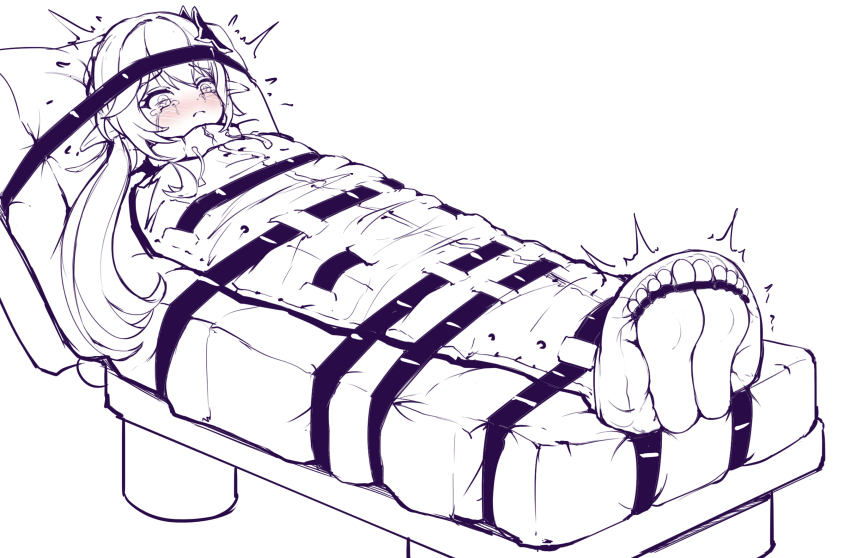 barefoot belt blush bound bound_toes dashed_eyes full-face_blush genshin_impact highres imminent_tickling juzi_(orange8619) lying multiple_belts mummification_(bound) nahida_(genshin_impact) restrained soles toes