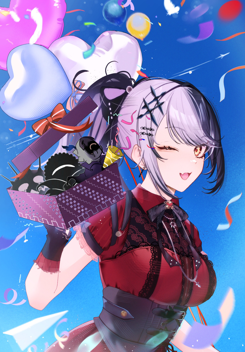 1girl ;d absurdres balloon black_corset black_hair black_ribbon blue_sky box commentary confetti corset dress english_commentary fang gift gift_box grey_hair heart_balloon higeji_(higeji404) highres hololive hololive_english jewelry multicolored_hair necklace novelites_(shiori_novella) official_alternate_costume official_alternate_hairstyle one_eye_closed open_mouth ponytail red_dress ribbon shiori_novella shiori_novella_(casual) skin_fang sky smile solo split-color_hair virtual_youtuber yellow_eyes yorick_(shiori_novella)