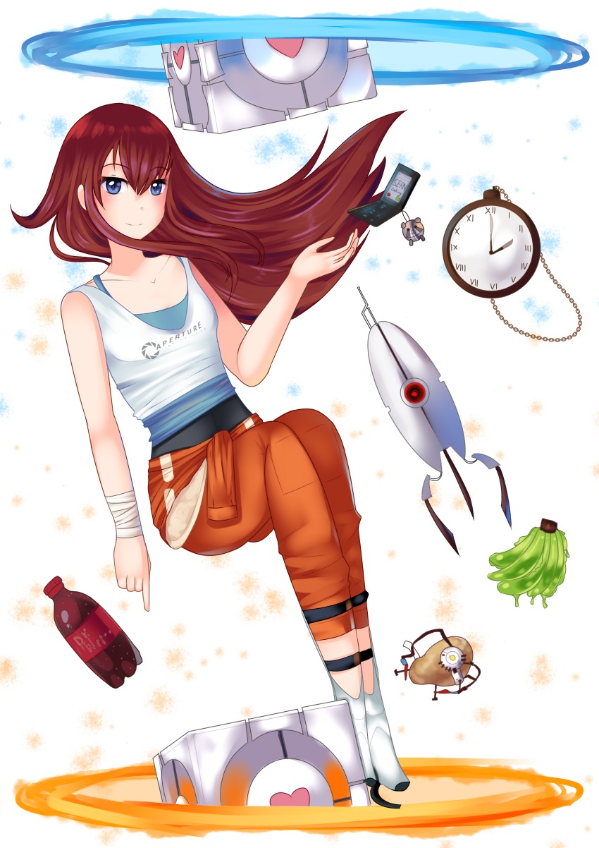 1girl absurdres alternate_costume aperture_science_weighted_companion_cube bandages blue_eyes blush boots bottle box breasts cellphone chell chell_(cosplay) clock closed_mouth clothes_writing collarbone companion_cube cosplay covered_navel dr_pepper drink english_text female_focus food fruit full_body glados hair_between_eyes happy heart highres jumpsuit jumpsuit_pull legs_together long_hair looking_at_viewer magpii makise_kurisu orange_jumpsuit phone portal_(object) portal_(series) portal_1 potato red_hair sentry_turret_(portal) shirt simple_background sleeveless sleeveless_shirt small_breasts smile solo sports_bra steins;gate tank_top white_background white_boots white_shirt