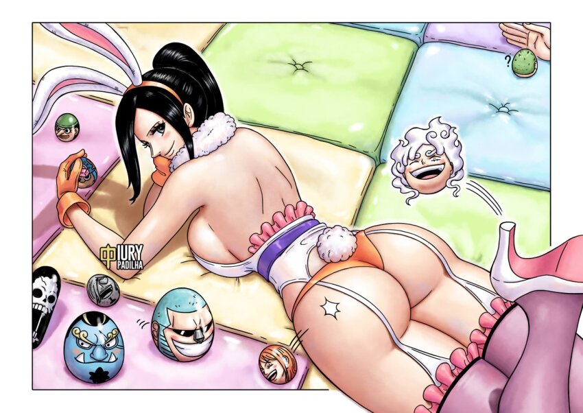 1girl ? animal_ears artist_name ass ass_focus back backboob backless_leotard backless_outfit bare_back bare_shoulders black_hair blush_stickers breasts brook_(one_piece) easter easter_egg egg fake_animal_ears franky_(one_piece) frilled_thighhighs frills fur_collar garter_straps gear_fifth gloves high_heels iury_padilha jinbe_(one_piece) leg_up leotard long_hair looking_back lying monkey_d._luffy motion_lines nami_(one_piece) nico_robin on_stomach one_piece orange_gloves orange_panties panties playboy_bunny ponytail rabbit_ears rabbit_tail roronoa_zoro sanji_(one_piece) sideboob sleeveless smile solo tail thighhighs tony_tony_chopper underwear usopp
