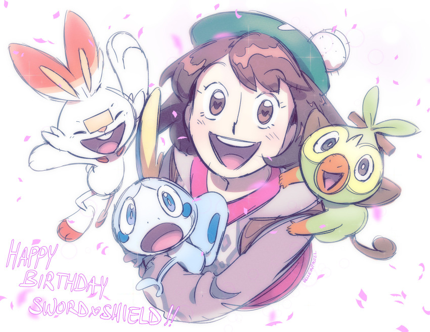 1girl :d absurdres anniversary belleinpastel brown_eyes brown_hair cardigan commentary confetti copyright_name creatures_(company) dress game_freak gen_8_pokemon gloria_(pokemon) green_hat grey_cardigan grookey happy happy_birthday hat heart heart-shaped_pupils highres holding holding_pokemon looking_at_viewer looking_up nintendo open_mouth pink_dress pokemon pokemon_(creature) pokemon_swsh scorbunny short_hair signature smile sobble starter_pokemon_trio symbol-shaped_pupils tam_o&#039;_shanter teeth tongue upper_teeth_only white_background