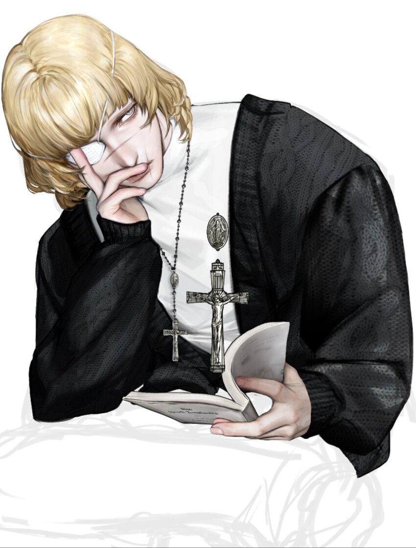 1boy badeni black_cardigan blonde_hair blue_eyes book cardigan chi.:_chikyuu_no_undou_ni_tsuite cross cross_necklace denpyu_shi eyepatch hand_on_own_face highres holding holding_book jewelry latin_cross looking_to_the_side male_focus medium_hair necklace scar scar_on_face scar_on_lip scar_on_mouth scar_on_nose shirt simple_background solo unfinished white_background