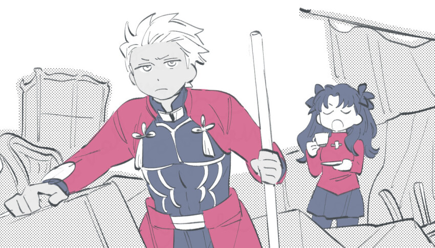 1boy 1girl archer_(fate) black_hair black_pantyhose black_thighhighs broom cleaning closed_eyes closed_mouth cup dark-skinned_male dark_skin fate/stay_night fate_(series) greyscale hair_ribbon holding holding_broom holding_cup long_hair long_sleeves monochrome oneroom-disco open_mouth pantyhose red_sweater ribbon saucer spot_color sweater teacup thighhighs tohsaka_rin two_side_up white_background white_hair
