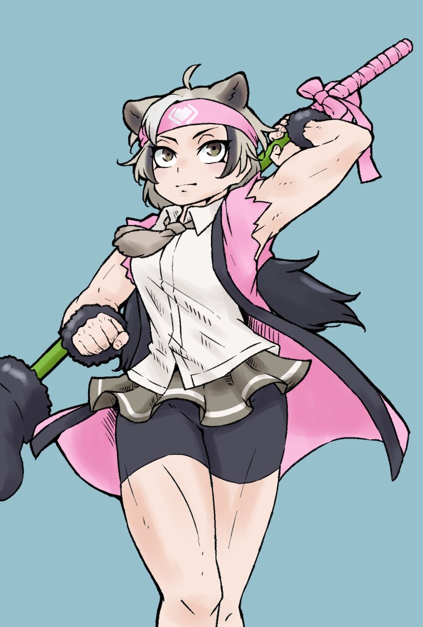 animal_ears bear_ears bear_girl bear_tail bike_shorts_under_skirt black_fur black_shorts brown_eyes brown_hair brown_necktie brown_skirt collared_shirt cowboy_shot ezo_brown_bear_(kemono_friends) fur_trim gravi_pig4891 grey_hair hairband highres jacket kemono_friends multicolored_hair muscular muscular_female necktie open_clothes open_jacket paw_stick pink_hairband pink_jacket pleated_skirt shirt short_hair shorts sidelocks skirt tail torn_clothes torn_sleeves white_shirt