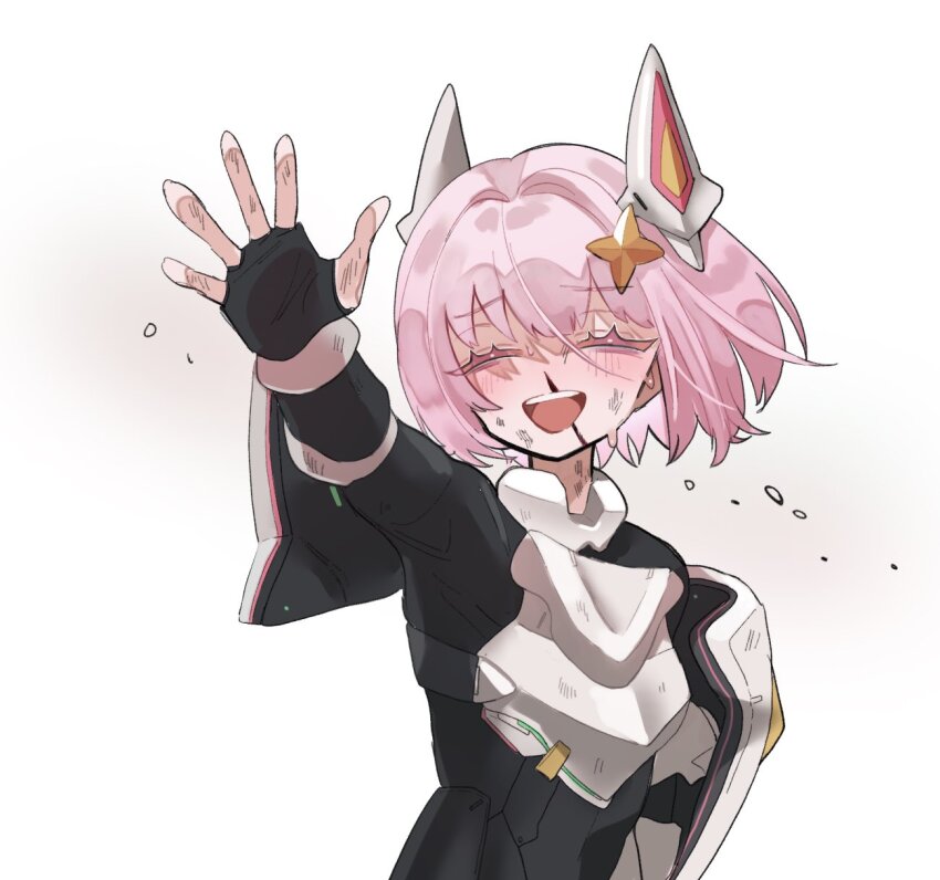 armor black_bodysuit black_gloves blood bodysuit breastplate closed_eyes dirty dirty_clothes dirty_face false_smile fingerless_gloves gloves goddess_of_victory:_nikke hair_ornament highres medium_hair noah_(nikke) nosebleed open_mouth pink_hair shield simple_background smile solo sweat teeth uniofthedead upper_body upper_teeth_only waving white_background