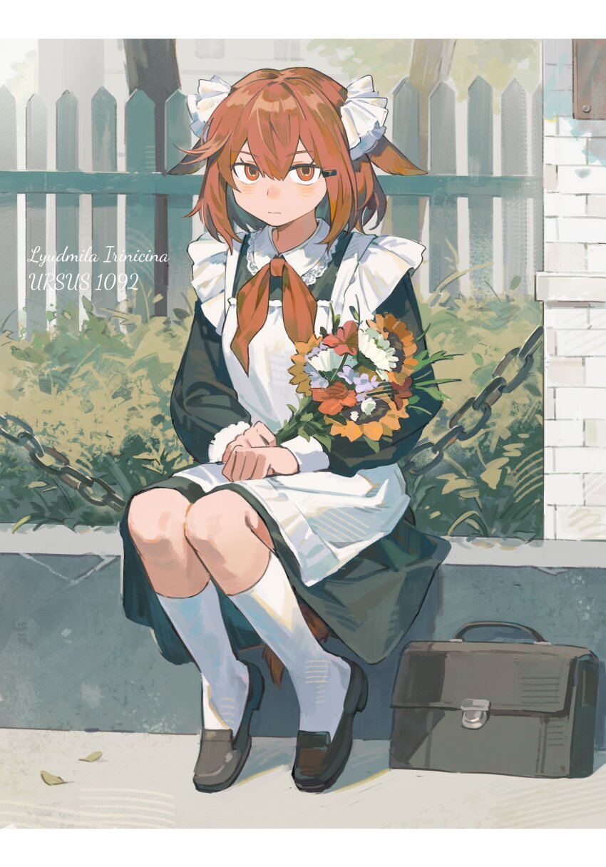 1girl absurdres aged_down apron arknights black_bag black_dress blush bouquet bow character_name collared_dress crownslayer_(arknights) dopperu_ben dress fence flower frilled_apron frills full_body hair_between_eyes hair_bow hair_ornament hairclip highres holding holding_bouquet hyena_ears hyena_girl kneehighs lace-trimmed_collar lace_trim long_sleeves medium_dress medium_hair neckerchief orange_flower purple_flower red_eyes red_hair red_neckerchief red_tail school_uniform sidelocks sitting socks solo soviet_school_uniform timestamp white_apron white_bow white_flower white_sleeve_cuffs white_socks wooden_fence