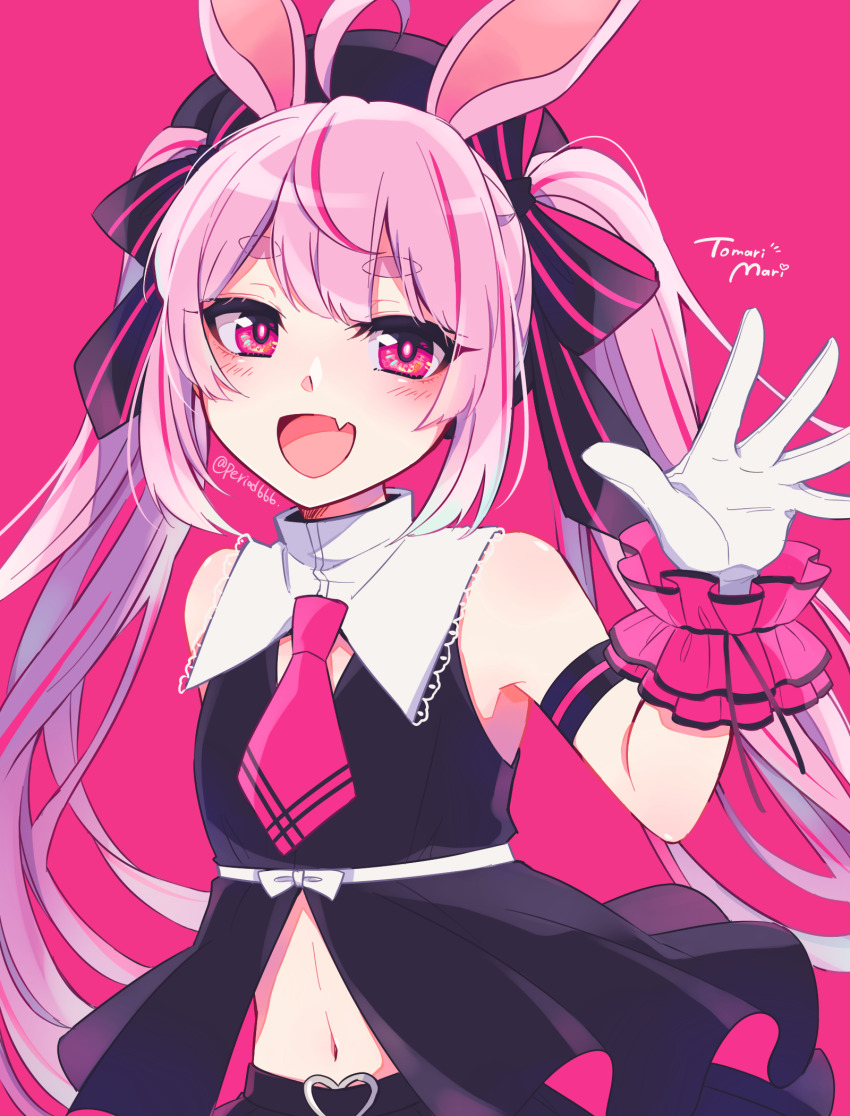 1girl akasuzu3641 animal_ears armband bare_shoulders black_headwear blush bow camisole eyelashes fang gloves highres indie_virtual_youtuber midriff open_mouth pink_background pink_eyes pink_hair rabbit_ears red_camisole skin_fang solo striped_bow thick_eyebrows tomari_mari virtual_youtuber white_gloves