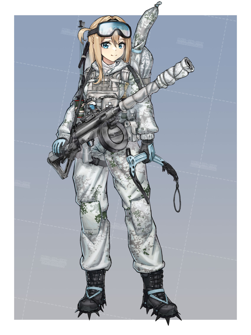 1girl absurdres alternate_costume ammunition_pouch black_boots black_gloves blonde_hair blue_background blue_eyes blush boots border buckle bulletproof_vest camouflage camouflage_bag camouflage_jacket camouflage_pants commentary drum_magazine english_commentary flashbang full_body girls&#039;_frontline gloves goggles goggles_on_head gun gun_sling hair_intakes highres hood hood_down hooded_jacket huihuang_rongyao ice_axe ice_spikes jacket knee_pads lace-up_boots load_bearing_vest long_sleeves magazine_(weapon) medium_hair military military_combat_uniform military_uniform one_side_up optical_sight pants pouch simple_background ski_pole smoke_grenade snap-fit_buckle snow_camouflage standing submachine_gun suomi_(girls&#039;_frontline) suomi_kp/-31 tactical_clothes too_many_watermarks watermark watermark_grid weapon white_border
