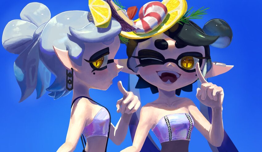 2girls bare_shoulders black_hair blue_background bow-shaped_hair callie_(splatoon) callie_(summer_nights)_(splatoon) collarbone crop_top earrings fangs finger_up food fruit gradient_hair grey_hair hair_bun hair_ornament highres jewelry long_hair looking_at_viewer marie_(splatoon) marie_(summer_nights)_(splatoon) mole mole_under_eye multicolored_hair multiple_girls nintendo one_eye_closed open_mouth overalls pineapple pineapple_slice pointy_ears profile simple_background sleeveless splatoon_(series) splatoon_3 star-shaped_pupils star_(symbol) star_symbol symbol-shaped_pupils tentacle_hair twintails two-tone_hair very_long_hair wink yellow_eyes
