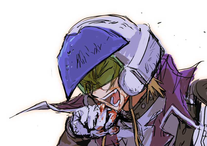 1boy absurdres black_choker bleeding blonde_hair blood blood_drip blood_in_hair blood_on_clothes blood_on_face blood_on_hands blood_stain choker clenched_hand coat elbow_gloves facing_to_the_side gloves helmet highres injury jack_atlas leaning_forward looking_to_the_side male_focus motorcycle_helmet nosebleed open_mouth racing_suit shoulder_pads sketch unfinished upper_body white_background white_coat white_gloves white_helmet wince wiping_blood wiping_mouth wwzilch yellow_visor yu-gi-oh! yu-gi-oh!_5d&#039;s