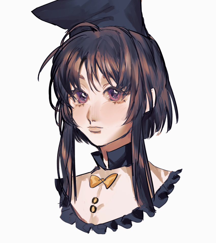 1girl black_hat bow brown_hair closed_mouth hat heinrich_(fernanderuddle) highres lips nishida_satono portrait purple_eyes short_hair_with_long_locks sidelocks simple_background solo touhou white_background yellow_bow
