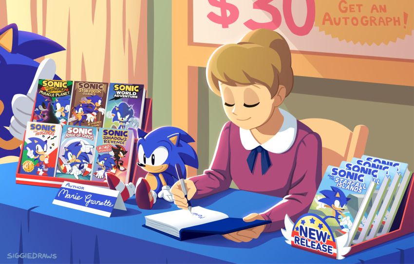 1girl absurdres character_doll closed_eyes doll highres holding holding_pen light_brown_hair metal_sonic pen shadow_the_hedgehog siggiedraws signature sitting sonic_(series) sonic_adventure sonic_adventure_2 sonic_adventure_pose sonic_and_the_black_knight sonic_and_the_secret_rings sonic_cd sonic_frontiers sonic_the_hedgehog sonic_the_hedgehog_(classic) sonic_the_hedgehog_1 sonic_the_werehog sonic_unleashed writing