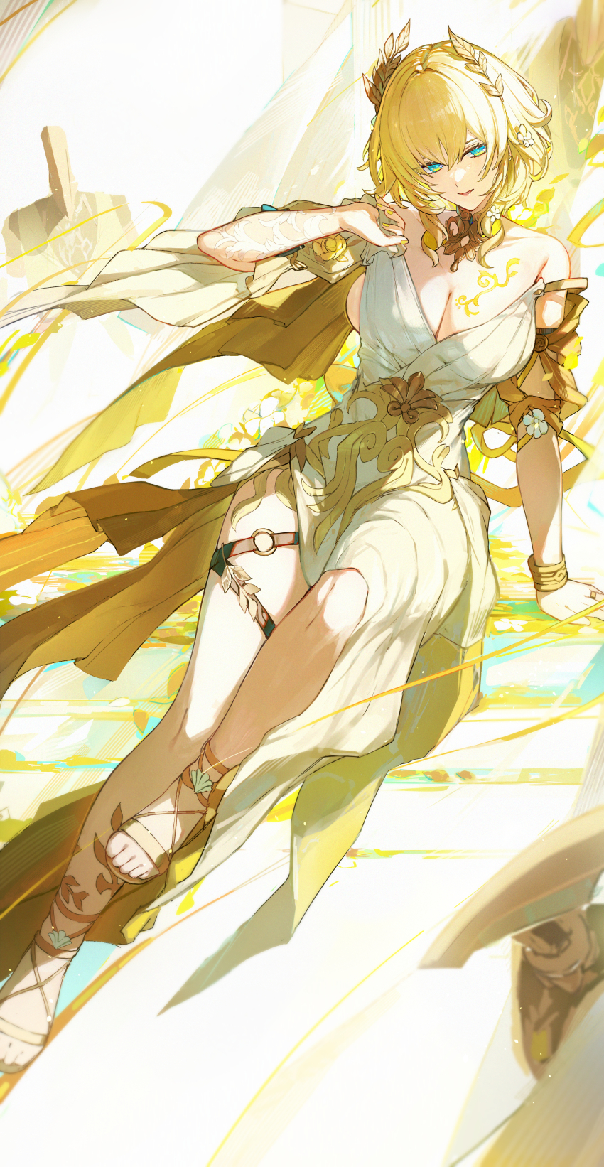 1girl absurdres aglaea_(honkai:_star_rail) ancient_greek_clothes blonde_hair breast_tattoo breasts cleavage commentary_request dress f.sakuma gold_sandals greco-roman_clothes green_eyes highres honkai:_star_rail honkai_(series) large_breasts laurel_crown parted_lips sandals short_hair solo tattoo thigh_strap thread toes white_dress