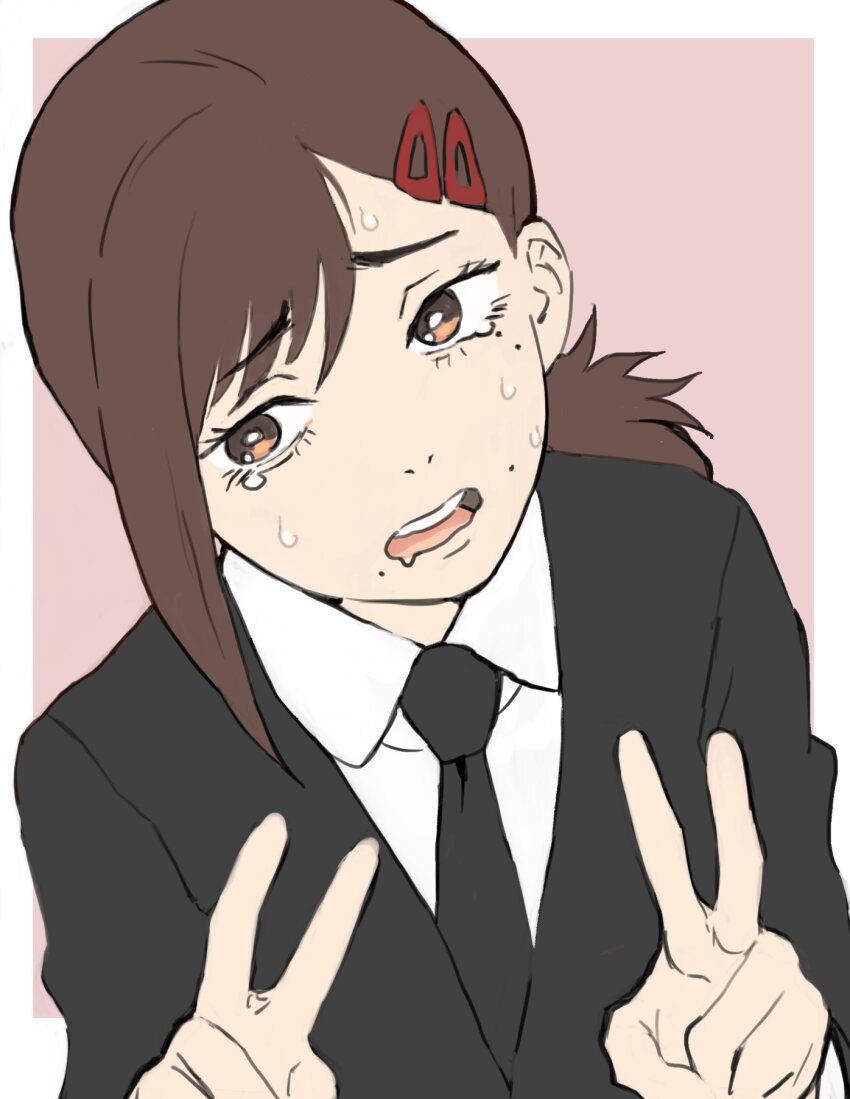 1girl black_jacket black_necktie bright_pupils brown_hair chainsaw_man collared_shirt double_v furrowed_brow gan2 hair_ornament hairclip hands_up higashiyama_kobeni highres jacket mole mole_above_mouth mole_under_eye mole_under_mouth multiple_moles necktie nervous_sweating open_mouth red_eyes shirt short_hair sideways_glance solo sweat tears teeth upper_body upper_teeth_only v white_pupils white_shirt